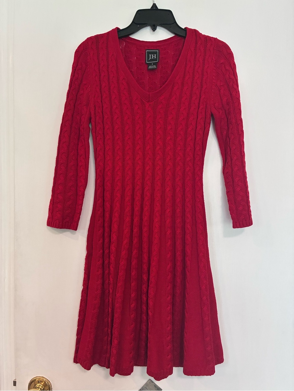 JH Red Cable-Knit V-Neck Fit-and-Flare Dress